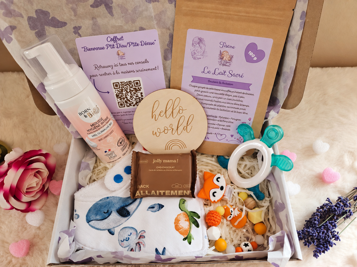 Coffret-cadeau naissance "Bienvenue P'tit Dieu/P'tite Déesse"
